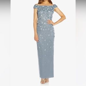 Off shoulder dress with flora embellishment in vintage blue